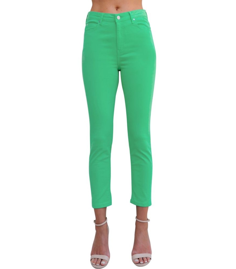 Femmes Bleu d'Azur Jeans | Russell Hoge Taille Katoenen Stretch Slim Jeans Mintgroen