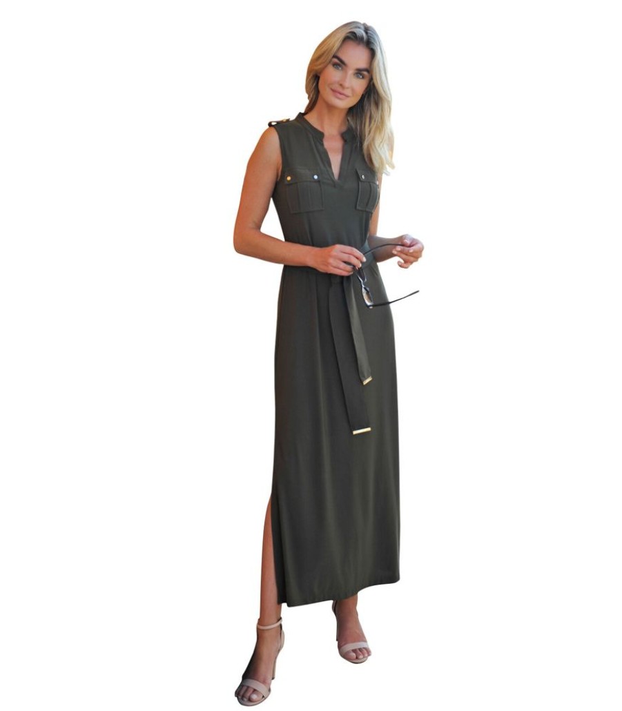 Femmes Bleu d'Azur Jurken | Domenica Khaki Jersey Chique Maxi Jurk